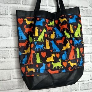 1884 Nylon Fabric Tote Bag Animals Dogs Cats Handbag Black Multicolor 16" X 16"
